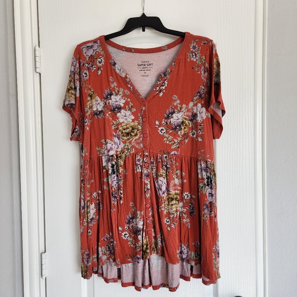 torrid Tops - Torrid Orange Floral Print Babydoll Super Soft Button-Front Top